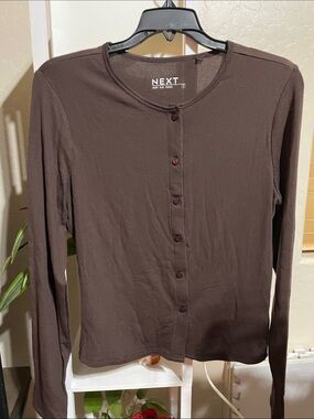next Brown Ribbed Button-Front Long Sleeve Top